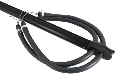 Close-up of 75cm Spearfishing Sling Gun with Open Muzzle for 14mm Circular Slings, Stainless Steel Mechanism, Tripower Dyneema Wishbone