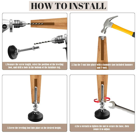 Installation steps for Heavy Duty Adjustable Furniture Levelers With Swivel M8 Thread Feet, Ultra Tough Nylon Base Pads.