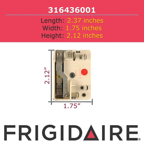 316436001 Replacement Switch For Range And Stovetop Plug And Play Easy Install OEM Part durable, with dimensions and Frigidaire logo