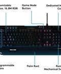Slick Black RGB Mechanical Gaming Keyboard Featuring Prograde RomerG Switches For Lightning Fast Actuation showing customizable RGB features and dedicated buttons.