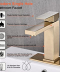 Brushed Gold One Hole Bathroom Faucet with Pop Up Drain on white sink, showcasing modern stainless steel waterfall spout.