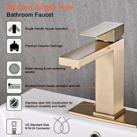 Brushed Gold One Hole Bathroom Faucet with Pop Up Drain on white sink, showcasing modern stainless steel waterfall spout.