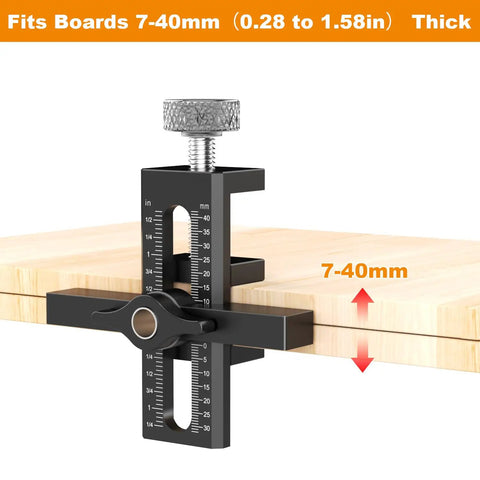 2 in 1 Cabinet Door Mounting Jig With Adjustable Positioner For Frameless Or Face Frame Doors Fast Setup And Precise Installation third hand tool shown securing a board thickness of 7-40mm.