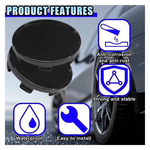 Close-up of 4 Pack Universal ABS Snap In Wheel Center Caps features, waterproof, easy to install, anti-corrosion for car truck SUV.