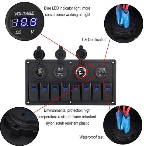 8 Gang Marine Switch Panel For Cars Boats And RVs 12V 24V LED Switch Panel With Dual USB Ports Voltmeter And Cigarette Lighter Waterproof