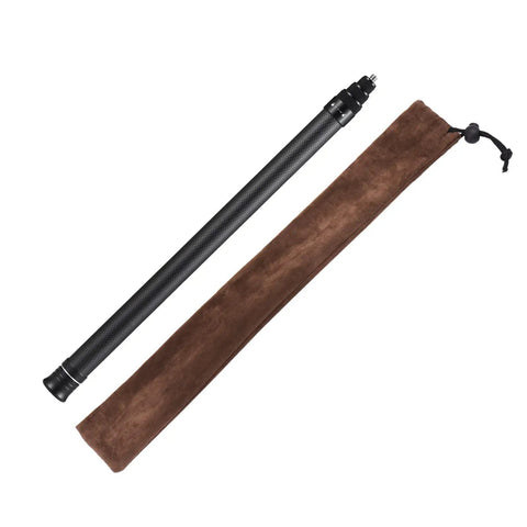 Carbon Fiber Selfie Stick With Telescopic Shaft Reaches Near Fifty Nine Inches, shown with protective brown pouch for storage.