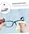 Pro Grade Glasses Repair Kit With Screws And Portable Screwdriver Tool For Eyeglasses And Sunglasses Quick Fixes On The Go Replacement Parts Set For Home Or Office Use shown with glasses and cloth