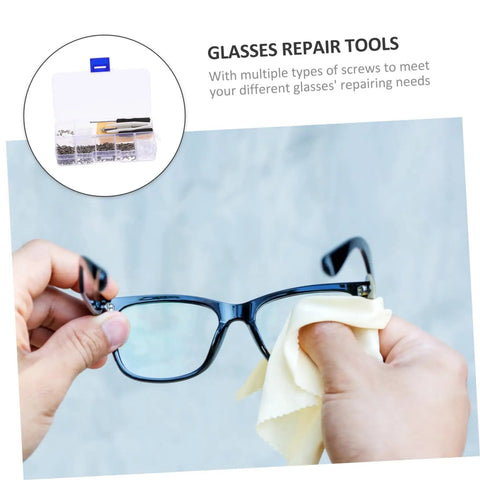 Pro Grade Glasses Repair Kit With Screws And Portable Screwdriver Tool For Eyeglasses And Sunglasses Quick Fixes On The Go Replacement Parts Set For Home Or Office Use shown with glasses and cloth