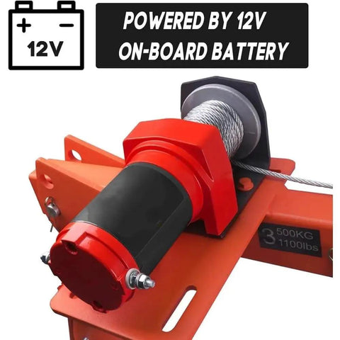 Heavy Hauler Electric Hoist For Pickup Trucks With Folding Bed Jib Crane And 2000 Lbs Winch, featuring 12V on-board battery and winch detail.