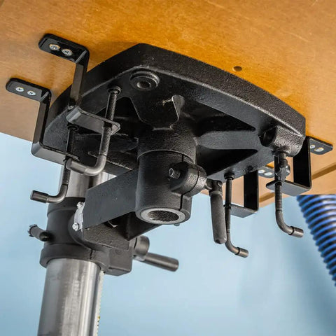 Beefy Drill Press Table And Fence For Rock-Solid, Repeatable Drilling with sturdy clamps and steel components underside view