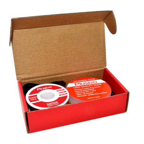 Open box showing Solder Wire and Rosin Paste Flux Kit for PCB Soldering and DIY Projects 60-40 Tin Lead Rosin Core Wire 1mm 100g and Rosin Flux Paste