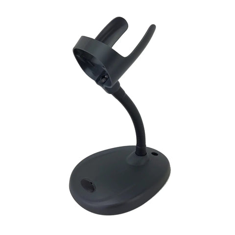 Voyager XP 1470G Handheld Corded Barcode Scanner with stand and USB cable, black, shown in an upright position, no scanner attached.