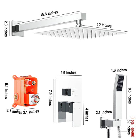 All-In-One Bathroom Rain Shower System With 12 Inch Square Shower Head And Handheld Sprayer, detailed dimensions.