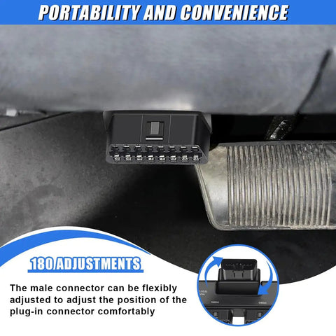 OBDII Splitter With Rotatable Male Port And Full 16 Pin Design, in car footwell, connected to OBD2 diagnostic port