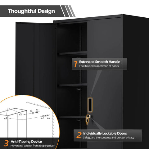 Heavy Gauge Steel Storage Cabinet With Two Doors And Five Adjustable Shelves, Seventy One Inch Tall Lockable Tool Box For Garage Or Office, Black Finish with extended handle and lock.