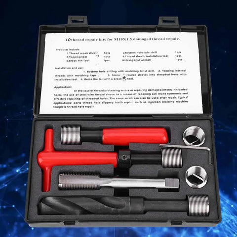 Heavy Duty Thread Repair Tool Kit 10Pcs M18x1.5mm Stainless Steel Twisted Drill Tap Wrench with Inserts in Black Case
