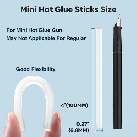 Mini Hot Glue Sticks 4 Inch 0.27 Inch Diameter For Most Mini Glue Guns 600 Pack size comparison with pen and flexibility demonstration.