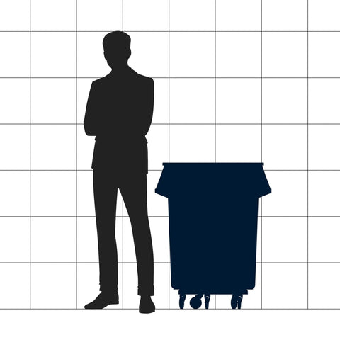 Silhouette of a person standing next to a 55 Gallon Black Round Commercial Trash Can With Lid And Dolly Built Tough Heavy Duty Food Grade NSF Certified