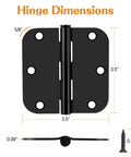 Black Interior Door Hinges 3.5 Inch By 3.5 Inch With Six Holes And 270 Degree Rotation, Rounded Five Eighth Inch Radius Corners, Replaces Existing Hardware, Ideal For Doors Cabinets Wood Boxes, 18 Pack shown with dimensions