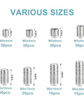 Assorted sizes of Industrial Grade M5 Hex Set Screws in 304 Stainless Steel with Internal Hex Drive Headless Cup Point, 210-piece set