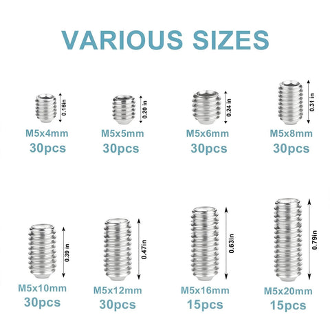 Assorted sizes of Industrial Grade M5 Hex Set Screws in 304 Stainless Steel with Internal Hex Drive Headless Cup Point, 210-piece set