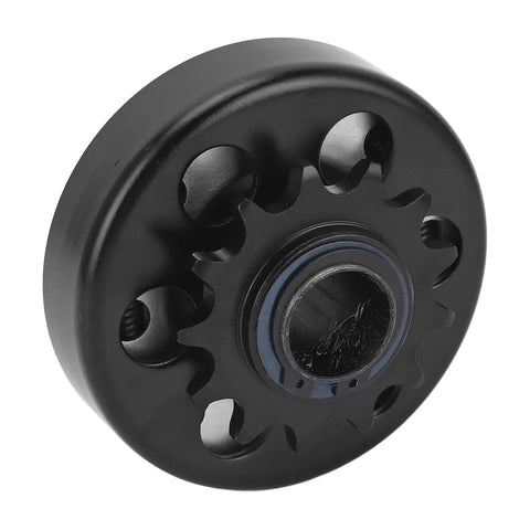Built Tough Heavy Duty Centrifugal Clutch With One Inch Bore And Thirteen Teeth For Mini Bikes Go Karts And Small Gas Engines Grabs Hard At Two Thousand Three Hundred RPM For Rock Solid Power Transfer And Zero Slip Action Every Time You Ride, showing black metal design.