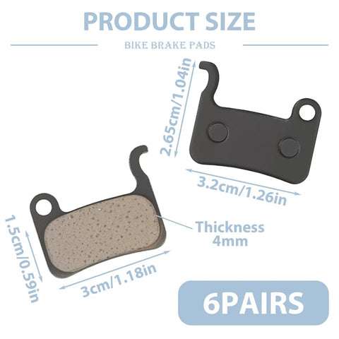6 Pairs Bike Brake Pads For Disc Brakes, All Weather Stopping Power, size dimensions for Shimano compatible replacement set