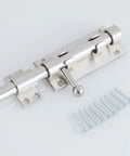 Gate Latch Lock for Wooden Garden Stainless Steel Brushed Hardware with screws, close-up view of the latch mechanism.