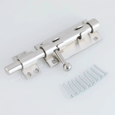 Gate Latch Lock for Wooden Garden Stainless Steel Brushed Hardware with screws, close-up view of the latch mechanism.