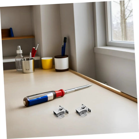 Heavy Duty Stainless Steel Cabinet Door Latch Set with Double Roller Catch and screwdriver on desk