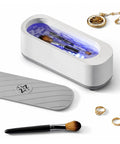 Portable Ultrasonic Jewelry Cleaner For Rings Silver Watches Retainers And Glasses Compact Countertop Machine with cleaning brushes.