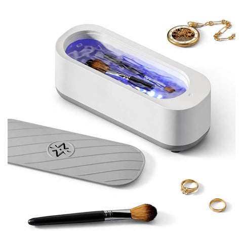 Portable Ultrasonic Jewelry Cleaner For Rings Silver Watches Retainers And Glasses Compact Countertop Machine with cleaning brushes.