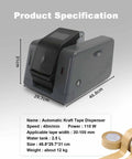 Electric Water Activated Tape Dispenser Heavy Duty Kraft Paper Tape Cutter With Button And Sensor Control For Packages, product specifications and dimensions displayed.