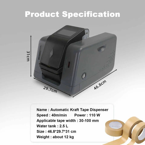 No Sweat Industrial Electric Water Activated Tape Dispenser Slick Sensor Controlled Kraft Paper Gummed Tape Cutter side view with dimensions