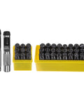 Half Inch Metal Stamping Kit 36 Piece Steel Letter Stamp Set with two punch tools in yellow storage cases.