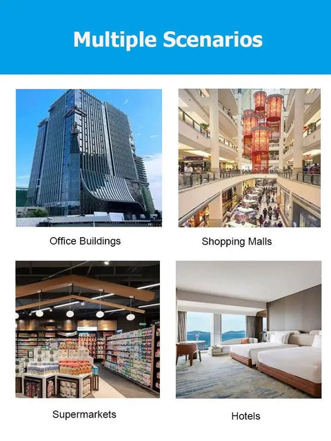 Image of multiple scenarios including office buildings, shopping malls, supermarkets, and hotels.