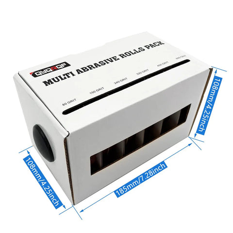 Emery Cloth Roll With Dispenser 6 Grit Sandpaper Set Box, dimensions labeled, includes 80 to 600 grits for woodworking and metal polishing.