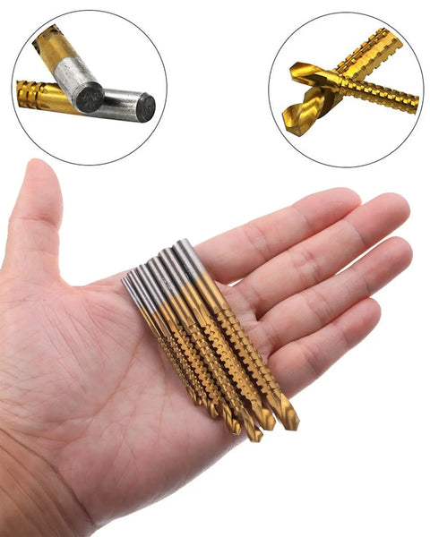 Top Shelf Titanium Coated High Speed Steel Twist Drill Bit Set With Killer Cutting Speed For Wood And Metal Ultra Sharp Precision Three To Eight Millimeters, six bits in hand.