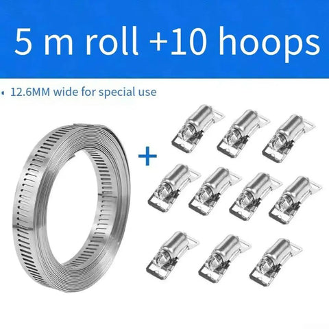 Top Shred Hosrivae 304 Stainless Steel Hose Clamp Kit With 5M Band And 10 Heads For Secure Garden Fence Pole Mounting Car Repair Heavy Duty Wire Cable Ties That Are Rust Proof And Totally Awesome, 5m roll and 10 heads shown