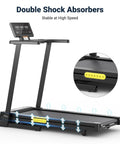 Compact Under Desk Walking Treadmill With Foldable Handlebar, Space Saving Home Gym Rig demonstrating double shock absorbers.