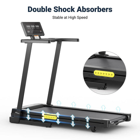 Compact Under Desk Walking Treadmill With Foldable Handlebar, Space Saving Home Gym Rig demonstrating double shock absorbers.