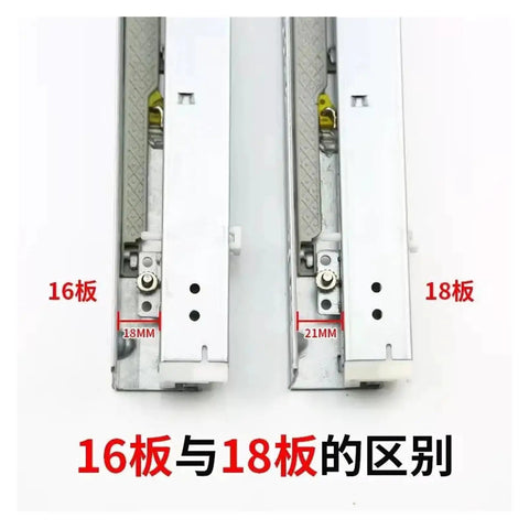 Built Tough Three Section Undermount Drawer Slides Provide Slick Silent Soft Close Operation And Clean Concealed Hidden Tracks For Seamless Furniture Setup And Zero Drama Everyday Use. Close-up of 16mm and 18mm undermount slides with measurement indicators.