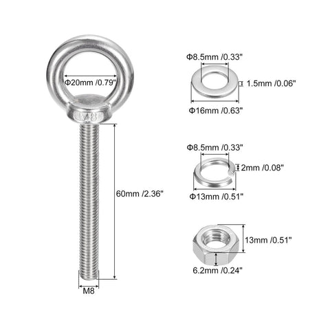 Diagram of 4 Pack M8 60mm Lifting Eye Bolt Set In 304 Stainless Steel With Nuts Lock Washers And Flat Washers sizes shown