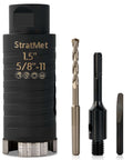 StratMet 1.5-inch dry core drill bit kit with pilot bit and SDS Plus adapter, front view; black housing.