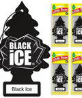 Front view of Little Trees Black Ice car air freshener hanging tree with string; four boxed Black Ice air fresheners shown.