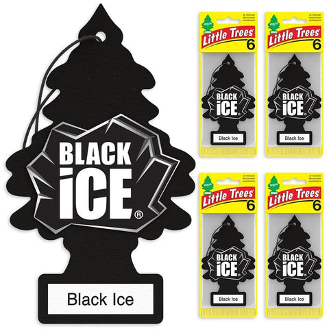 Front view of Little Trees Black Ice car air freshener hanging tree with string; four boxed Black Ice air fresheners shown.