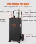 Portable 30 Gallon Gas Caddy With Two Wheels And Manual Transfer Pump For Diesel And Gasoline Fuel Storage Tank Grab N Go For Cars Lawn Mowers ATVs Boats Black showing user-friendly design features like tank level gauge, tube holder, and push handle