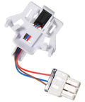 Washer speed sensor module, angled front view, white plastic housing with red, blue, and brown wires