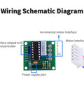 Wiring schematic diagram for Two Sets 28BYJ48 5V DC Stepper Motor With ULN2003 Driver Board, showing interfaces and power supply port.