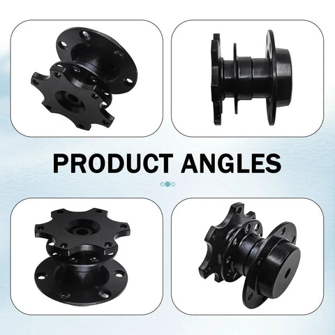 Built Tight Quick Swap Steering Wheel Adapter And Six Hole Hub Boss Kit For Drag Strip Runs And Autocross Days In Gloss Black Aluminum. Multiple angles of six hole hub.
